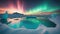 an ice planet underground ocean glowing bright, aurora Borealis in the sky AI art