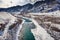 Ice on the river and bridge spring has come in the Altai mountains Katun