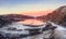 Ice road to Arctic winter mountain lake. Northern wildlife. Panoramic view. Kola Peninsula