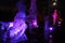 Ice sculptures in blue and violet lights at night of Internetional Ice Sculpture Festival