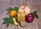 Ice shake with cherries , lemon, banana, apple and orange