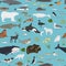 Ice sheet and polar desert biome. Terrestrial ecosystem world map. Arctic animals, birds, fish and plants seamless pattern design