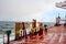 Ice of the ship and ship structures after sailing in frosty weather during a storm in the Pacific Ocean. Ice patterns and icicles,