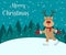 Ice skating Reindeer red-nosed cute cartoon with greeting banner snowy winter background. Christmas card. Vector