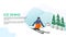 Ice skiing down the ice mountain with snowman and trees background soft pastel blue flat vector illustration with text and title