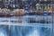 Ice and snow at a rural pond with a crane Gruidae on the ice