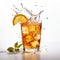 Ice tea splashing out from the glass. Refreshing summer drink, thirst quencher. AI Generated