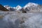 Ice texture of Vigne glacier with K2 and Broadpeak mountain back