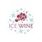 Ice wine. Flat round poster. Cartoon grapes with snowflakes, snowballs and text. Hand drawn vector drink concept. Color