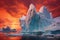 an iceberg calving with a backdrop of the polar sunset