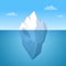 Iceberg floating in ocean illustration. Huge white block of ice drifts along blue current with massive underwater part