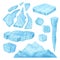 Iceberg, icicle, ice cube and broken pieces. Cold frozen blocks set, arctic snowy objects on white background, icy cliff