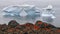 Iceberg and stony coast of Greenland. Red lichen on the shore stones. Nature and landscapes of Greenland.