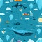 Iceberg vector seamless pattern with mammals, fish and ship
