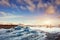 Icebergs in the glacial lake with a mountain