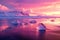 Icebergs on Iceland\\\'s black sand beach under a colorful sunrise, with snow-capped mountains backdrop