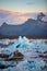 Icebergs in Jokulsarlon glacier lagoon. Vatnajokull National Park, Iceland Summer.Midnight Sun