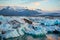 Icebergs in Jokulsarlon glacier lagoon. Vatnajokull National Park, Iceland Summer.Midnight Sun