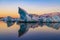 Icebergs in Jokulsarlon glacier lagoon. Vatnajokull National Park, Iceland Summer.Midnight Sun.