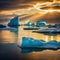 Icebergs melting in the ocean with the sun shining through the clouds.