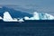 Icebergs in sunlight shining in white and turquoise over dark blue Arctic Ocean, Greenland