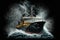 icebreaker ship on dark black background with blowing snow particles