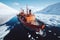 icebreaker ship sails through ice floes and icebergs in ocean in winter on an expedition to Arctic