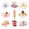 Icecream badges ribbons food sticky, chocolate cold retro dessert vector illustration.