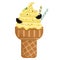 Icecream chocolate chip raspberry scoops waffle cone. on white background. Vector illustration.