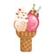 Icecream cookie strawberry cream scoop waffle cone. on white background. Vector illustration