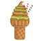 Icecream green tea raspberry scoops waffle cone. on white background. Vector illustration.