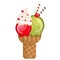 Icecream raspberry green tea cream scoops waffle cone. on white background. Vector illustration