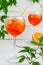 Iced aperol spritz cocktail with orange on white wooden background. Summer alcohol drink