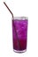 Iced butterfly pea lemonade with straw and water drops condensed