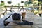 Iced coffee and camera placed on the wooden table.