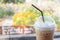 Iced coffee cappuccino in plastic cup with straw on flower garden blurred background
