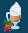 Iced coffee cup with cream berries leaves and beans vector design