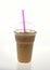 Iced coffee with straw in plastic cup on white background,cold coffee to go