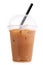 Iced coffee in takeaway plastic cup on white background