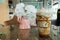 Iced frappe coffee in plastic mug put on the rattan weave table