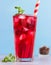 Iced hibiscus tea karkade, red sorrel, Agua de flor de Jamaica or lemonade with raspberries and mint