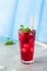 Iced hibiscus tea karkade, red sorrel, Agua de flor de Jamaica or lemonade with raspberries and mint