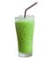 Iced matcha latte or Thai condensed milk-added green tea in transparent glass with black straw isolated on white background wit