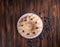 Iced sugar cake with apples on tray over on wooden background. Top view, copy space