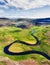 Iceland. Aerial view on the mountain, field and river. Landscape in the Iceland at the day time. Landscape from drone.