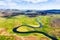 Iceland. Aerial view on the mountain, field and river. Landscape in the Iceland at the day time. Landscape from drone.