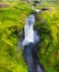 Iceland. Aerial view on the Skogafoss waterfall. Landscape in the Iceland from air. Famous place in Iceland. Landscape from drone.
