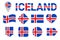 Iceland flag vector set. Collection of Icelandic national flags. Flat isolated icons. Country name in traditional colors. Web, spo