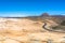 Iceland geothermal zone Namafjall - area in field of Hverir. Landscape which pools of boiling mud and hot springs. Tourist and