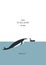 Iceland inviting postcard. Whale and a man in boat. Meeting , simple flat design.